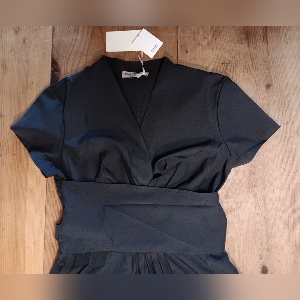 Grace Karin Women's Sz M Short Sleeve Wrap V Neck A Line Dress Hi Lo Hem NEW - Picture 2 of 5